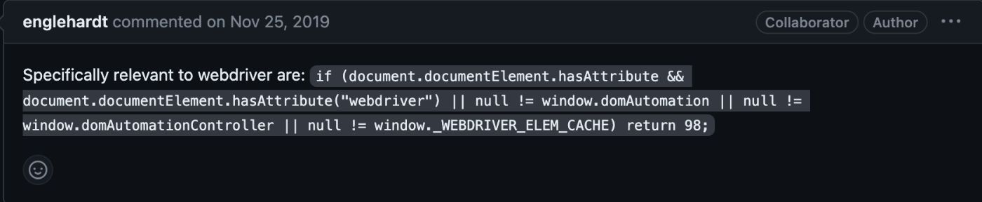 Comment on GitHub issue about detecting WebDriver client side