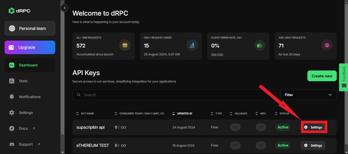 Click Settings to access the Environmental Variables needed for the project