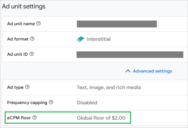 eCPM settings from Admob console