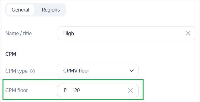 eCPM settings from Yandex console