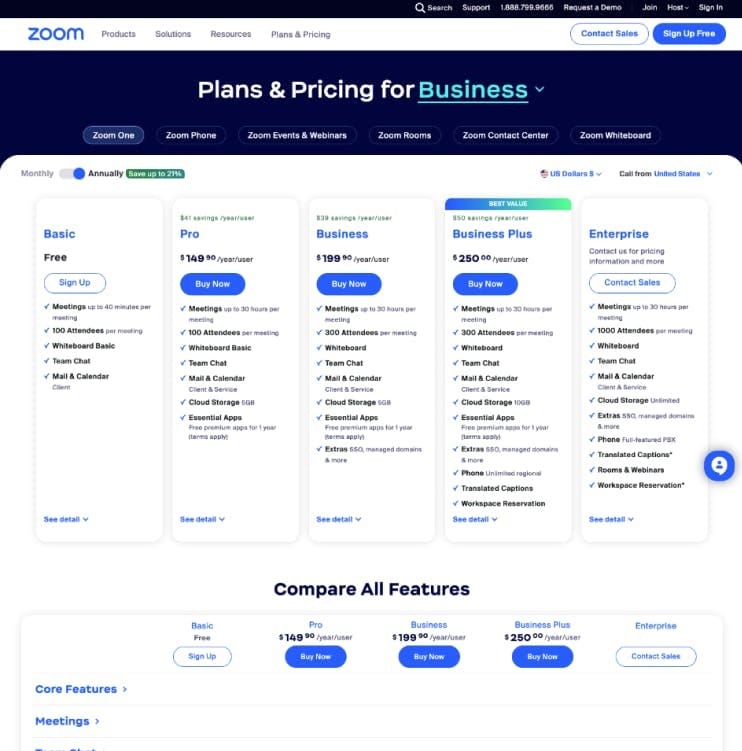 Zoom pricing page. 
