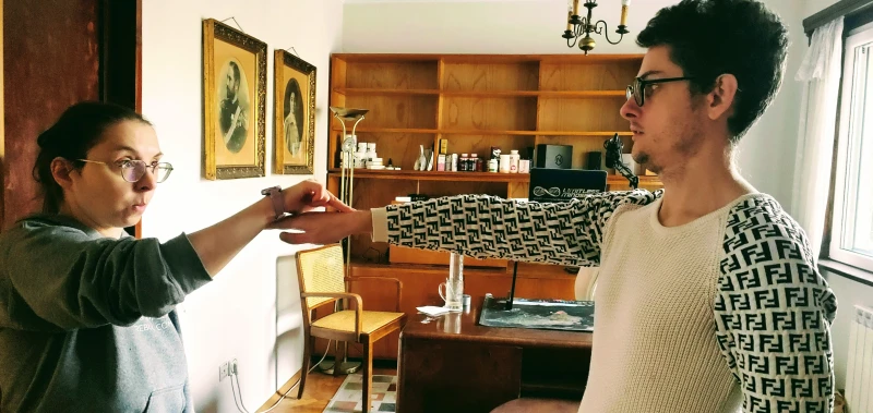 Muscle testing with my wife (yeah - I need a haircut, I know!)