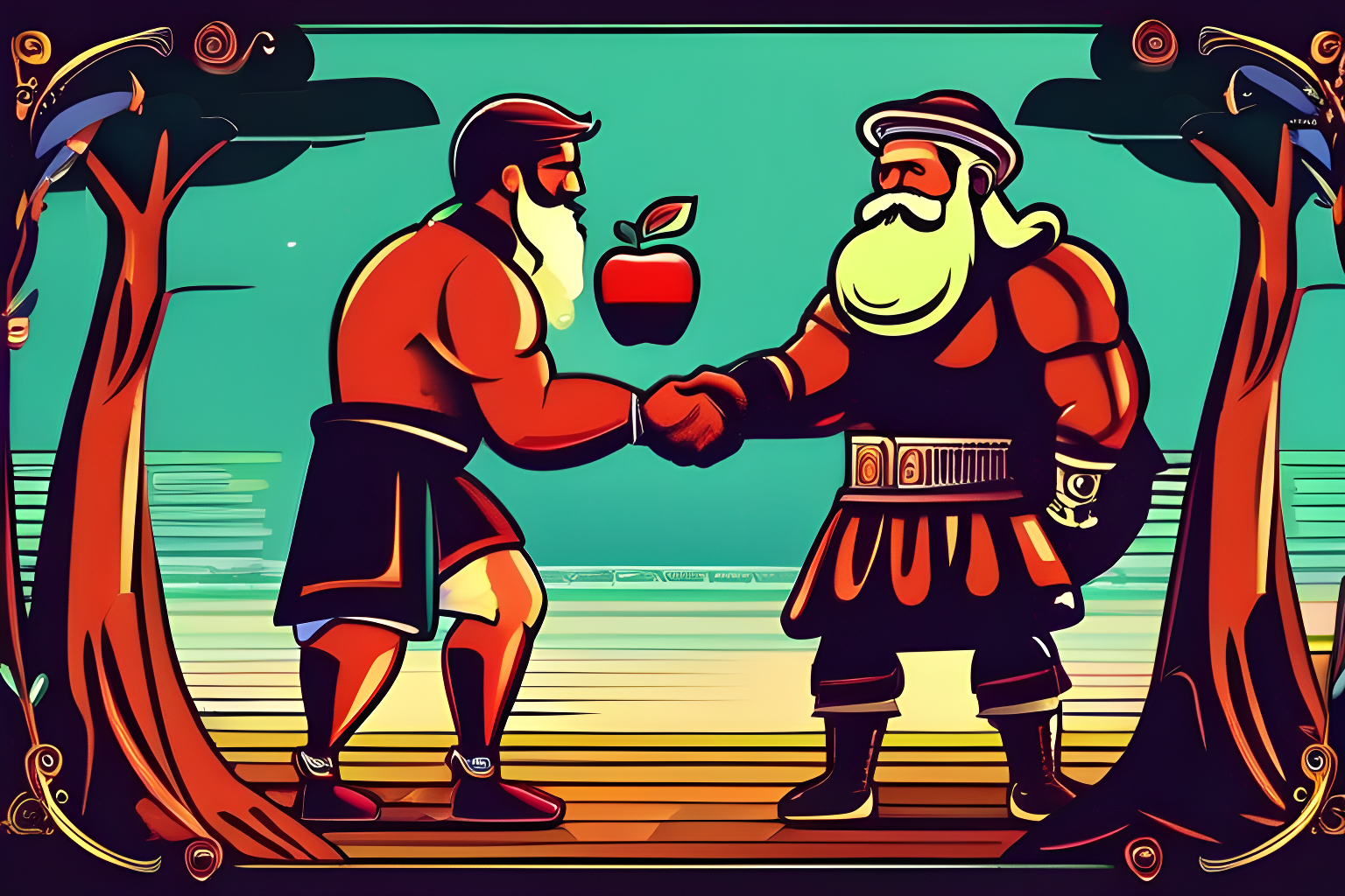 2 giants fighting for an apple
