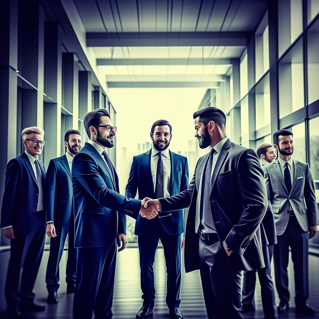 2 groups of businessmen meeting in the middle and shaking hands