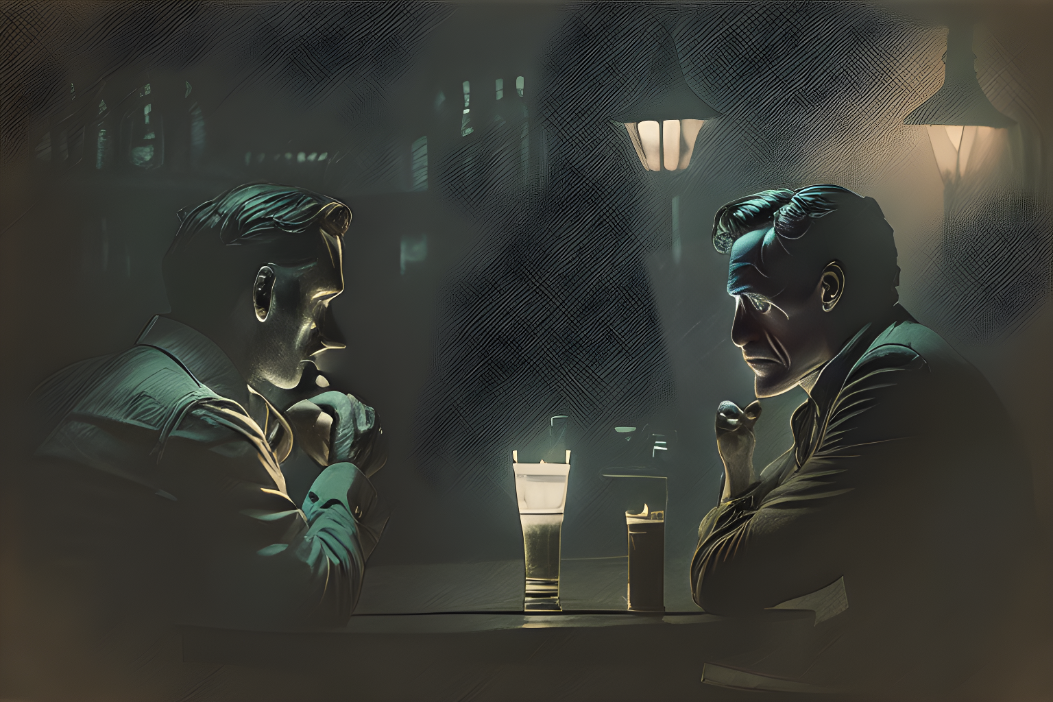 2 men having a conversation in a dark bar