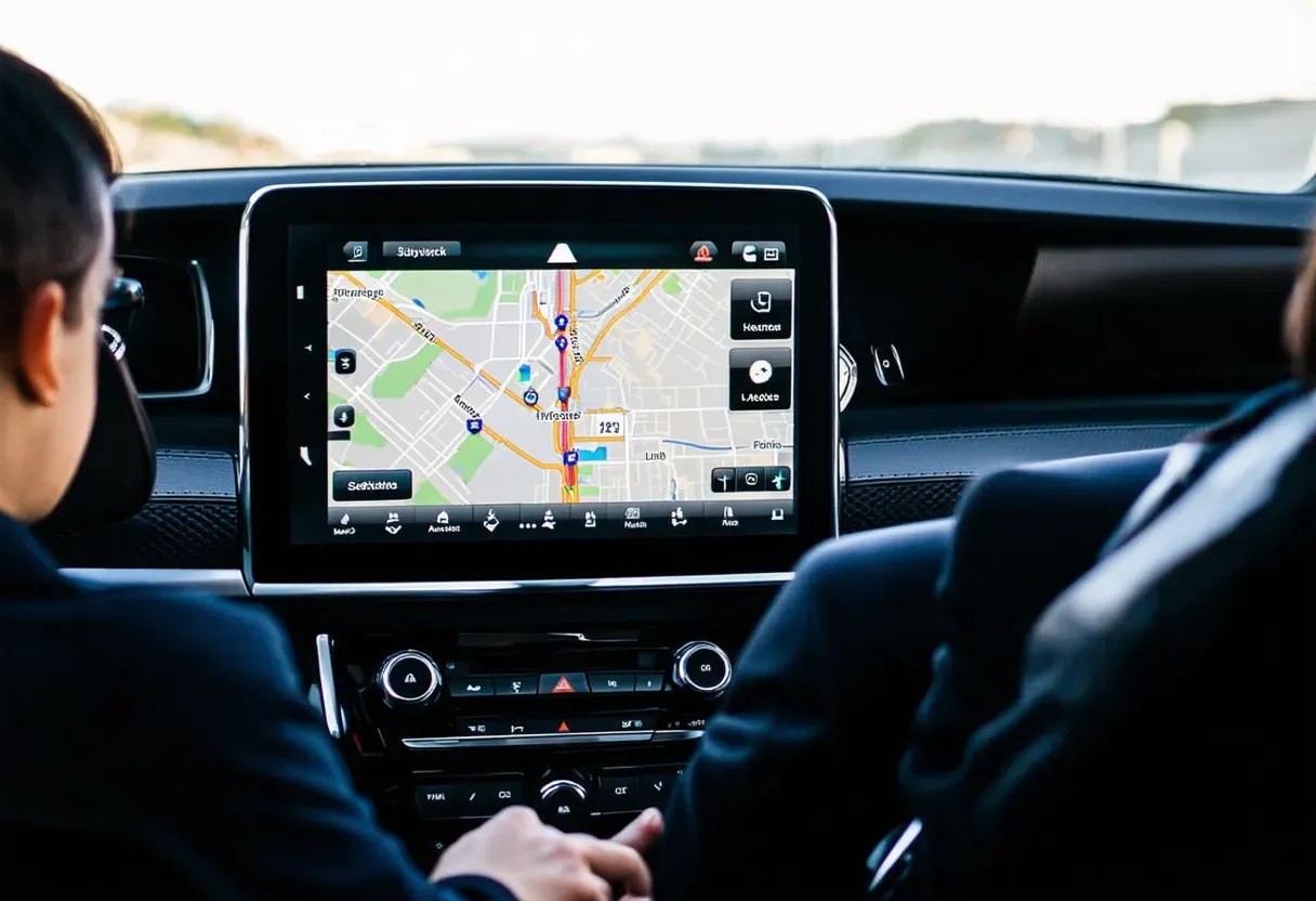 2 people in a car viewing their large touchscreen console which is showing a map