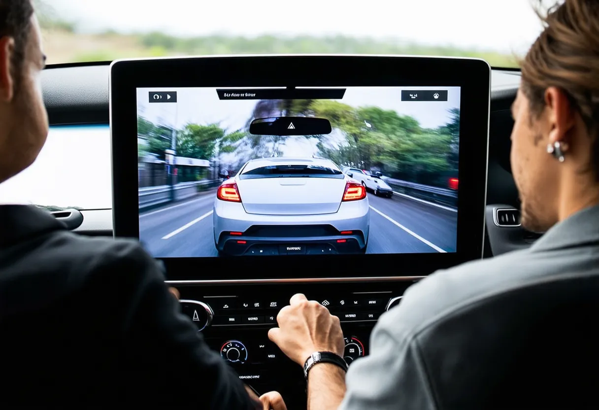 2 people in a car viewing their large touchscreen console