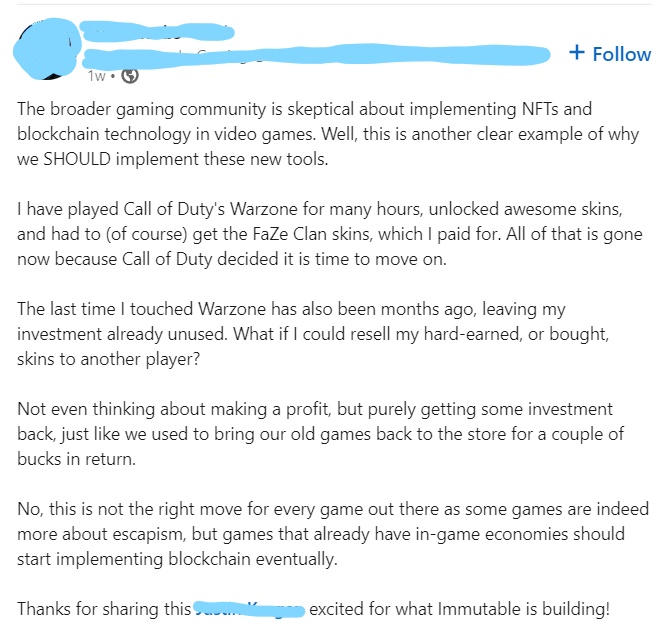 screenshot of LinkedIn post from a professional working in "Web3" who is also a gamer