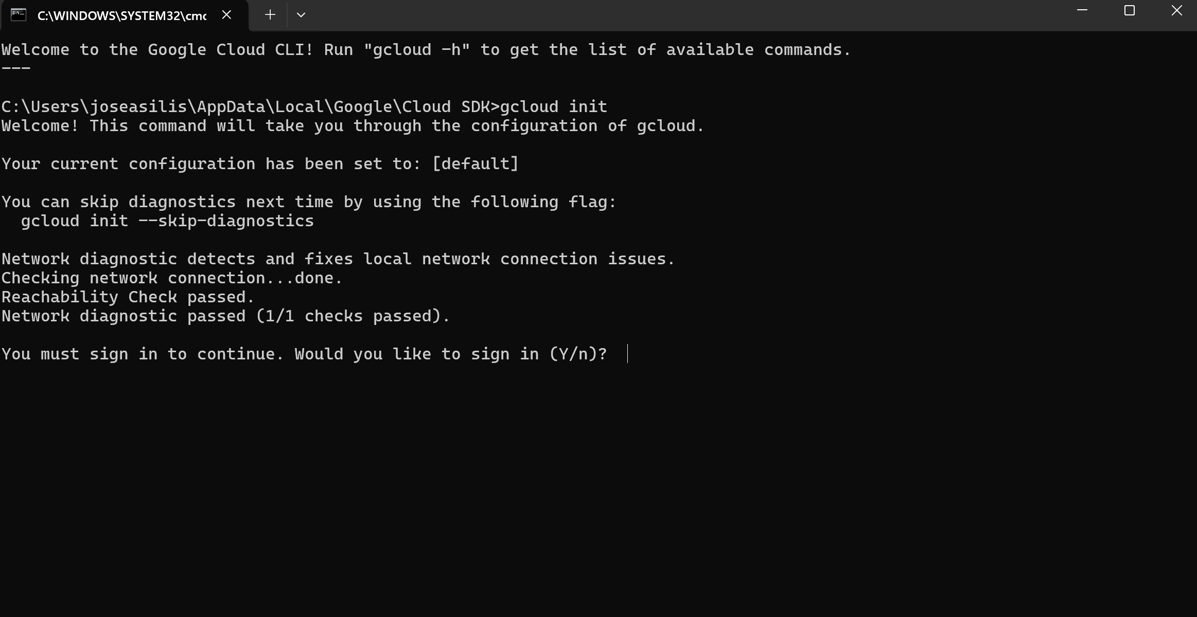 The google cli init command. You want to press yes to sign in. 