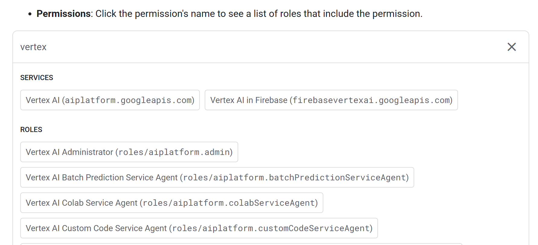 Write "vertex" in the input box. Then click on Vertex AI