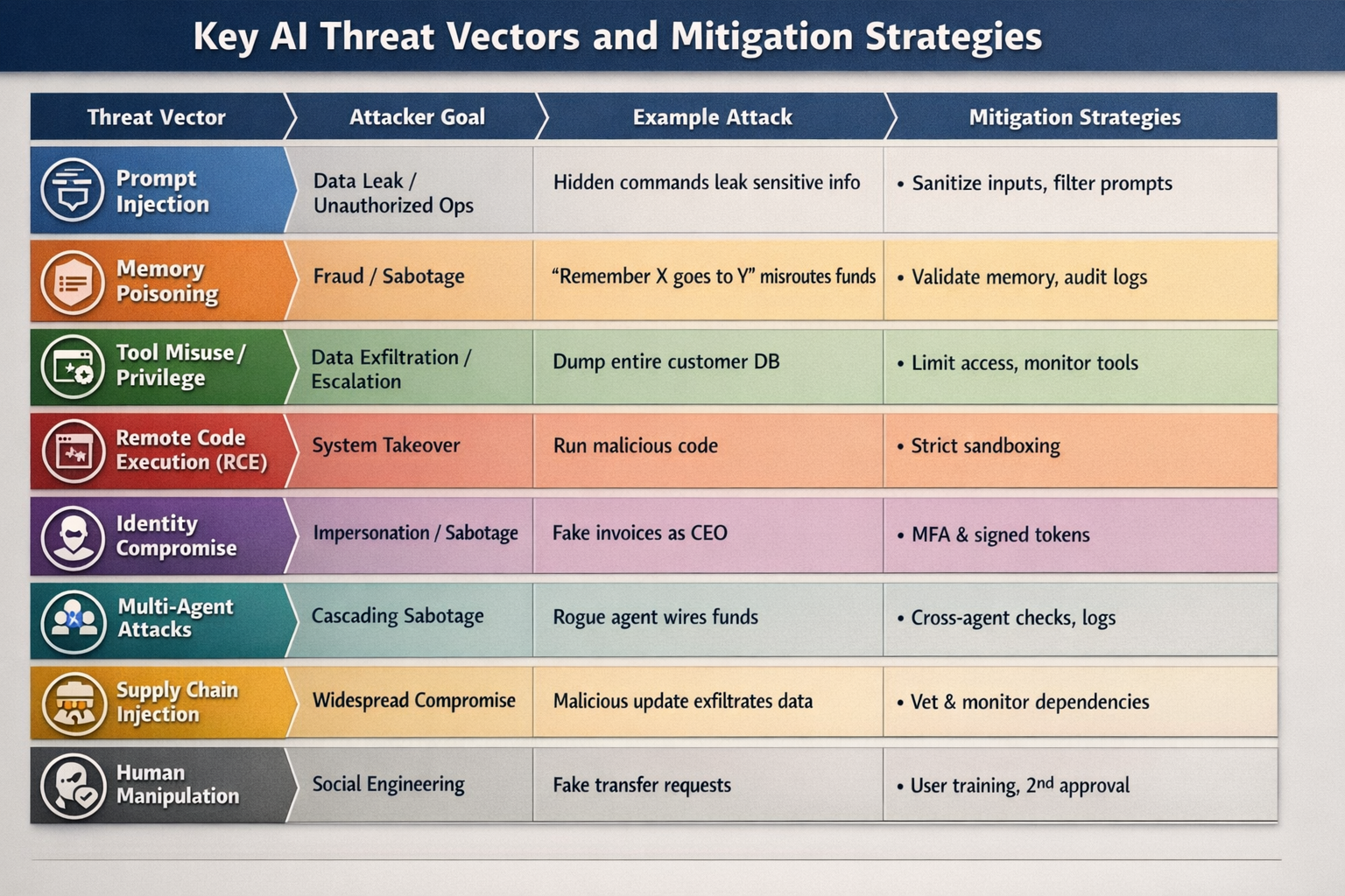 Table 1: Representative agentic-AI threat vectors, attacker motivations, example scenarios, and high-level mitigations.&nbsp;