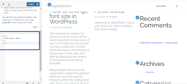 Changing font size using CSS