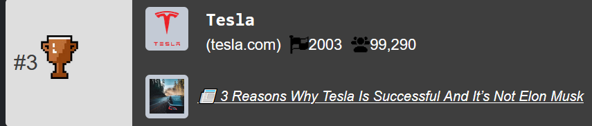 Tesla rank on HackerNoon's Tech Company Rankings