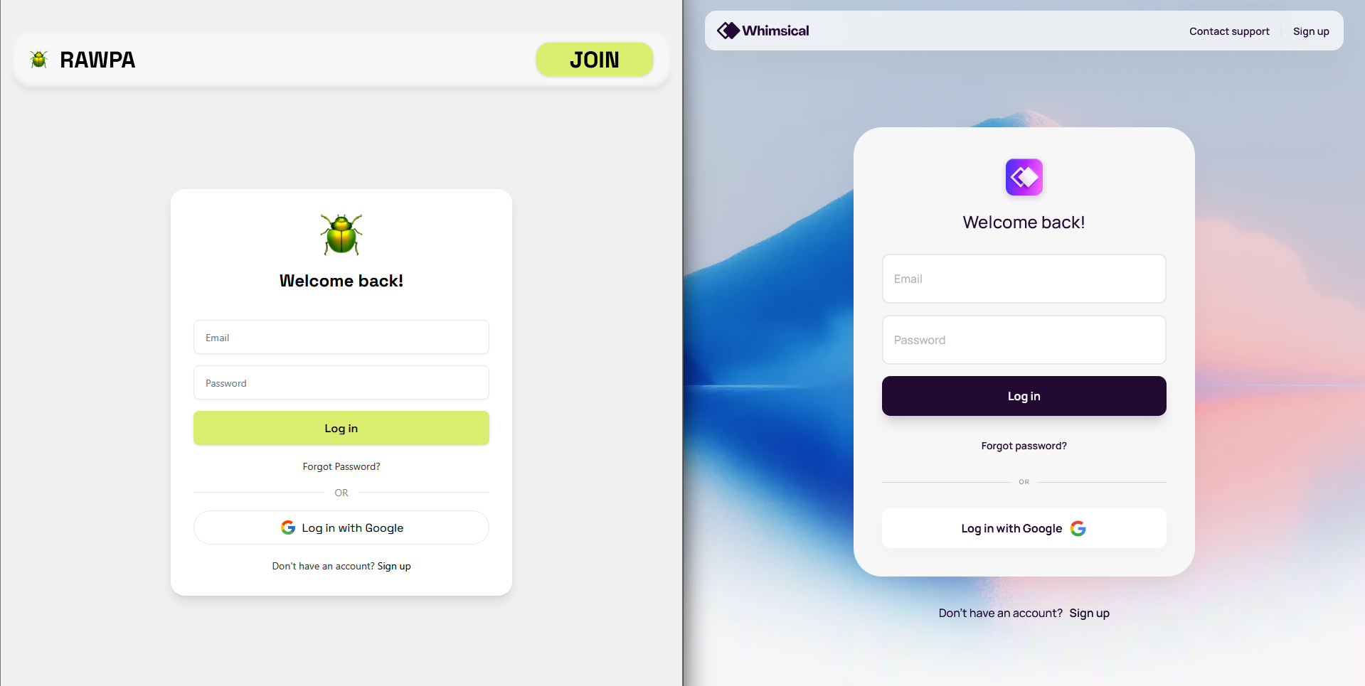 RAWPA login vs Whimsical login