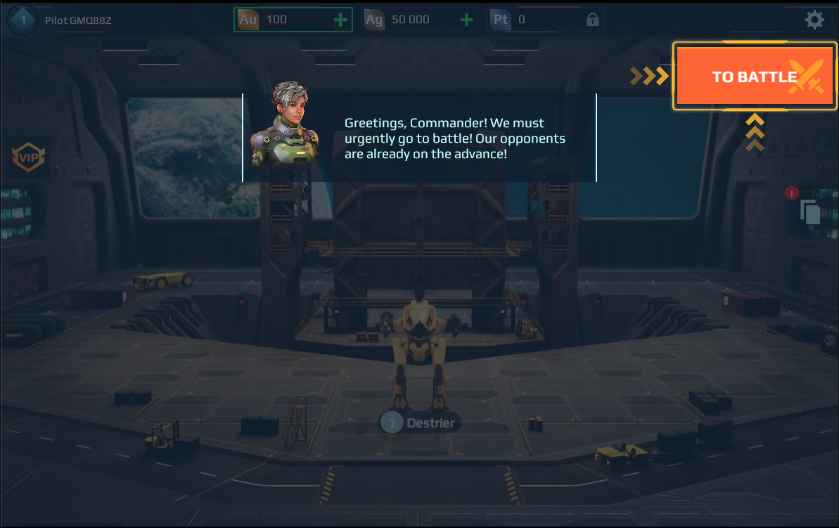 The garage screen tutorial shows how to enter a battle — and motivates the player to start it