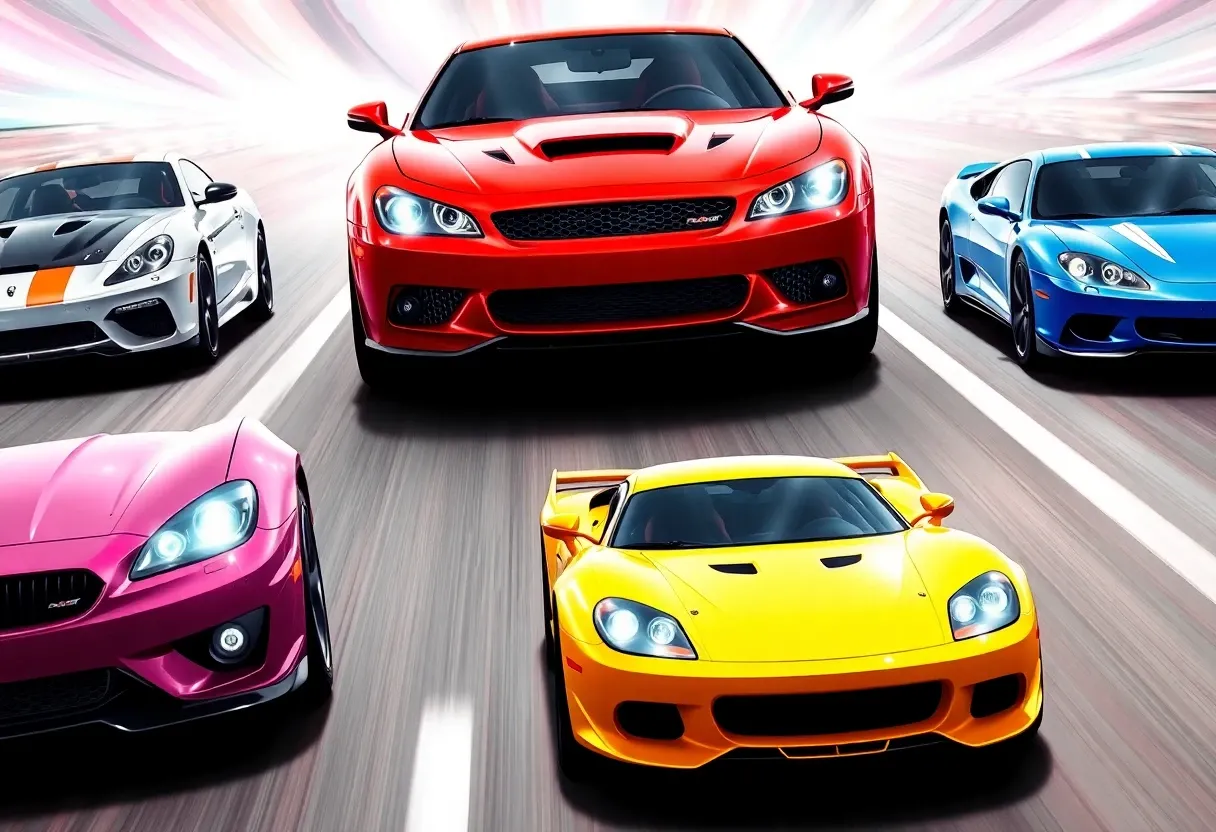 4 cars in a high-speed race colorful