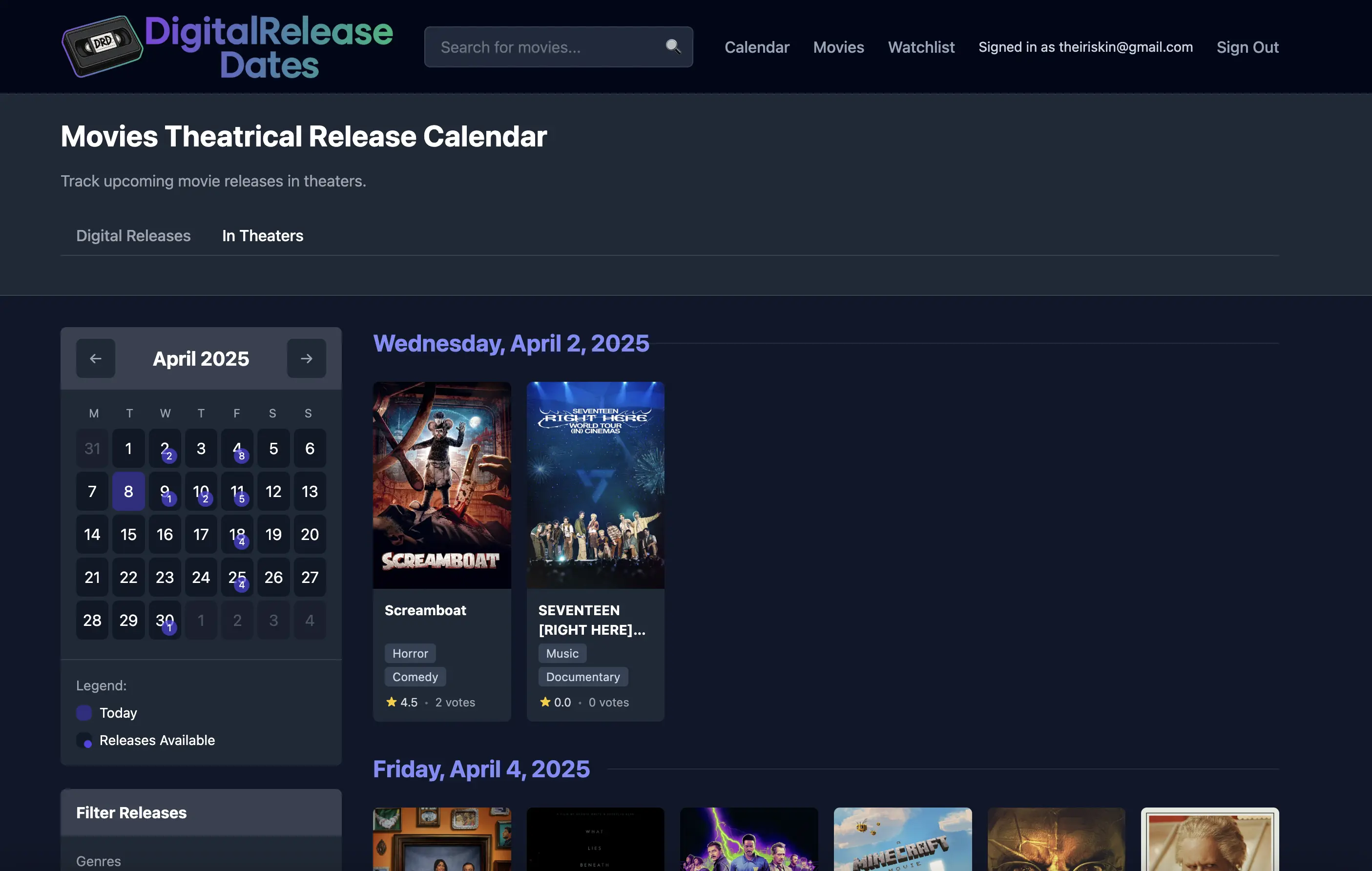 Early UI showing calendar layout and title cards with release info