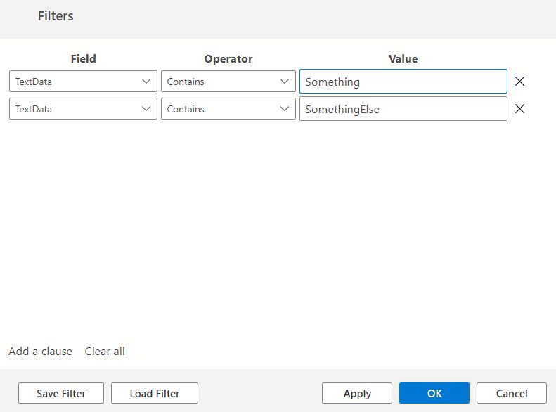 The filters popup in Azure Data Studio.