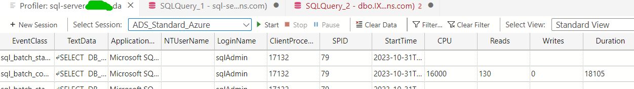 The main profiler window in Azure Data Studio.