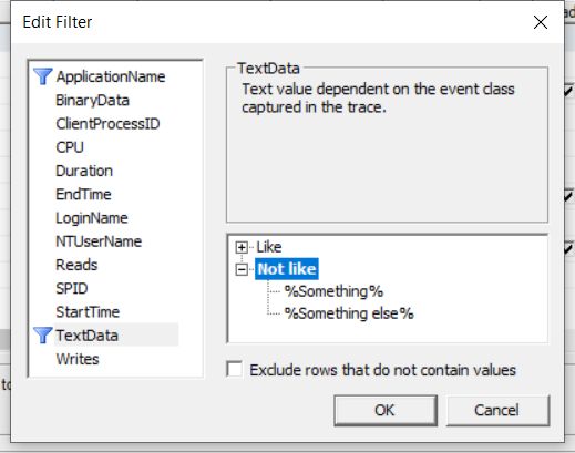 The filters popup in SSMS Profiler.