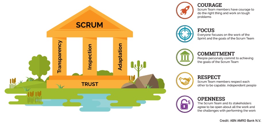 Scrum pillars and values.