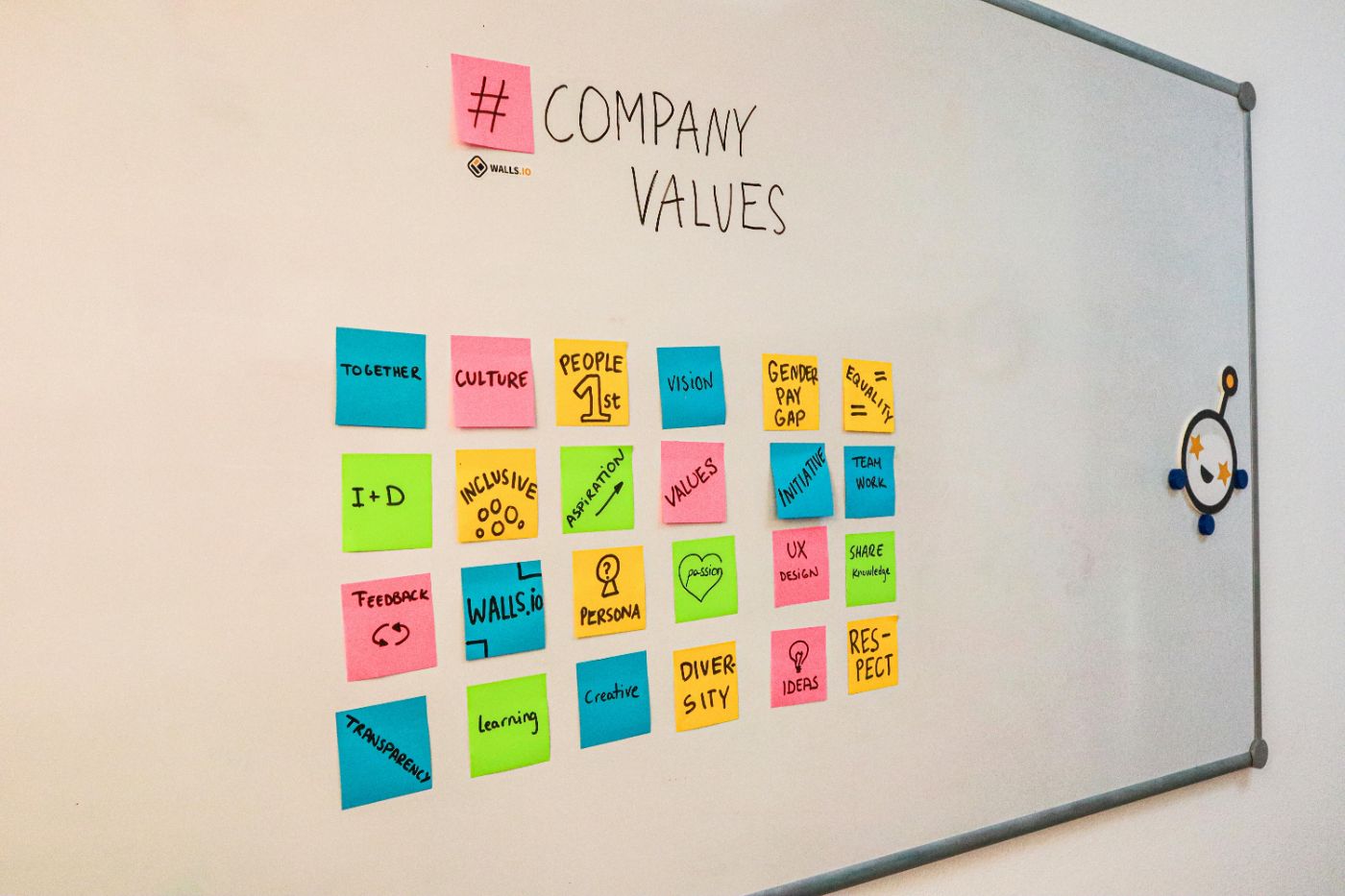 Sticky notes on the whiteboard representing company values.