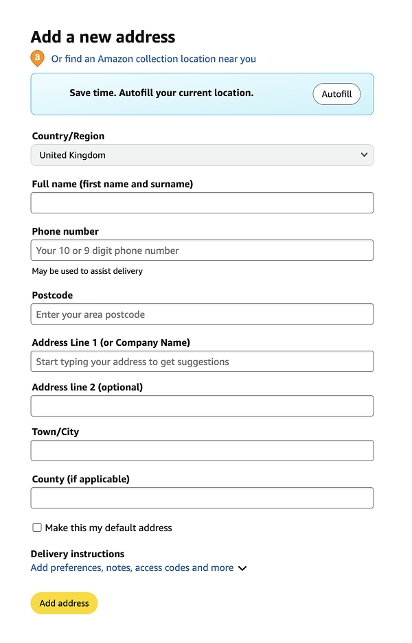 Autofill functionality using geolocation on the Amazon account settings page