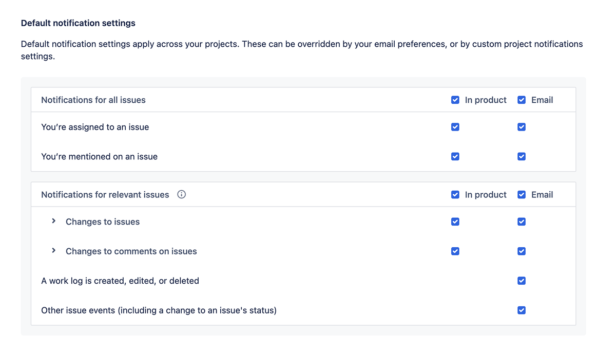 Default notifications settings in the Jira account settings