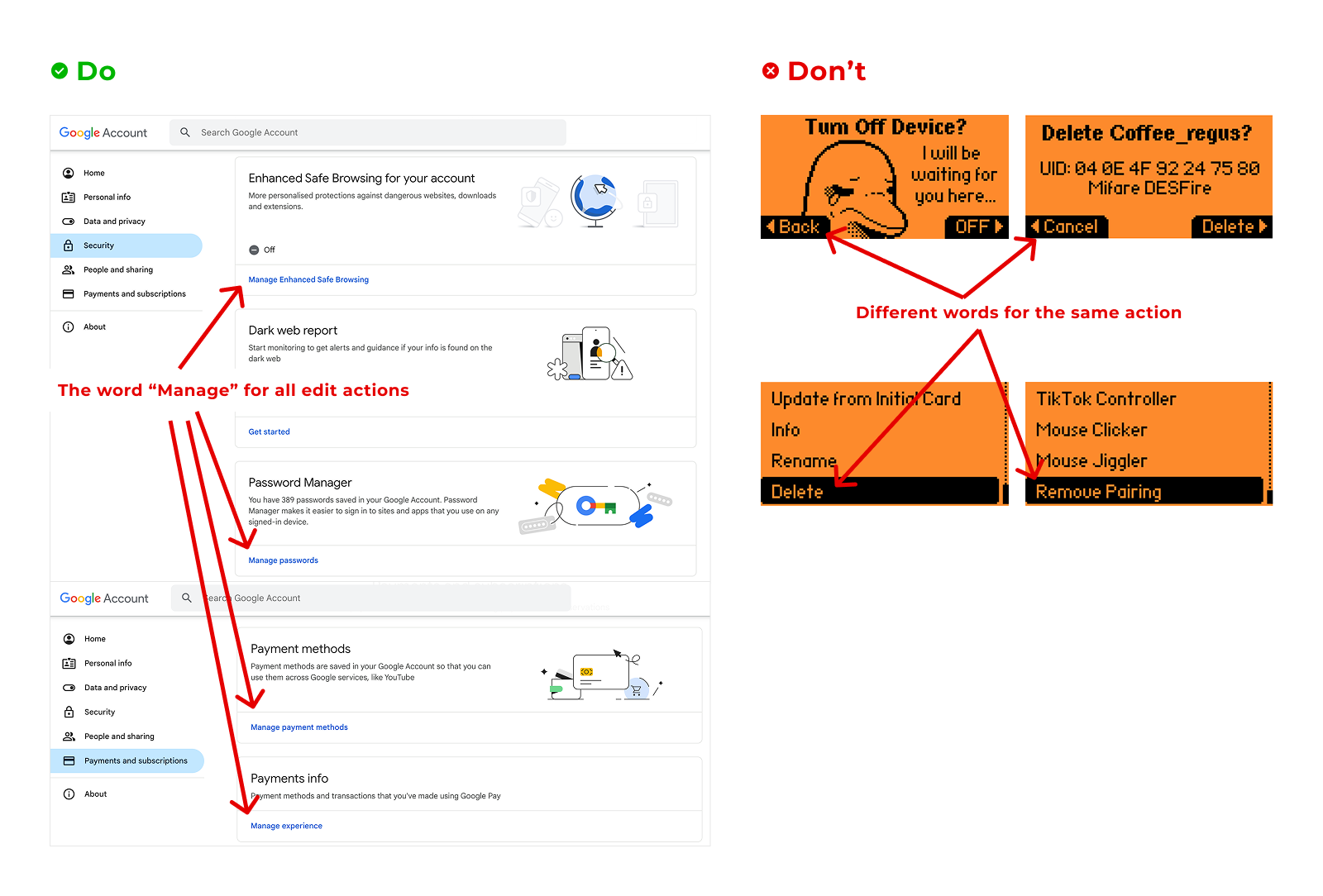 Dos and Don'ts for action names on the Google account settings web page and the Flipper Zero device interface