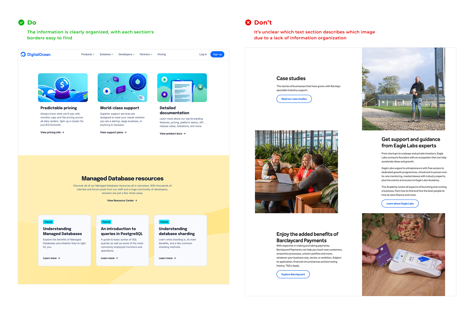 Dos and Don'ts for section structures on the DigitalOcean MySQL and the Barclays business landing pages
