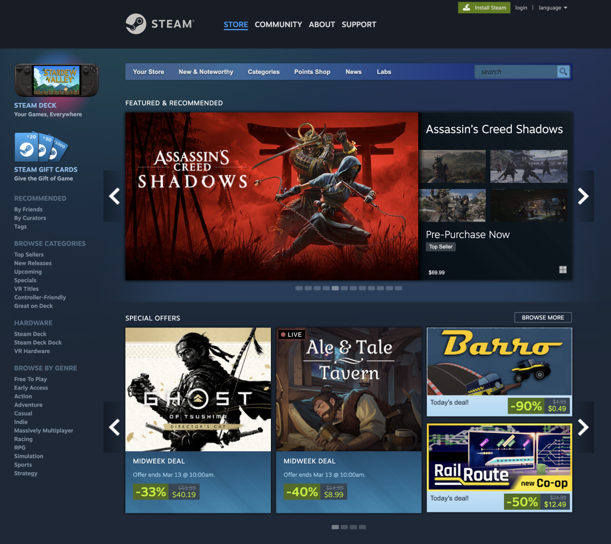 “Recommendations” and “Special Offers” sections on the Steam home page