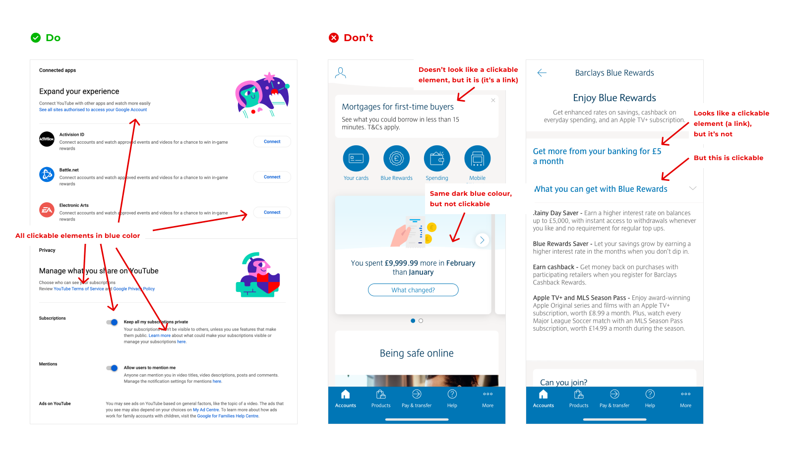 Dos and Don'ts for interactive elements on the YouTube settings page and in the Barclays app