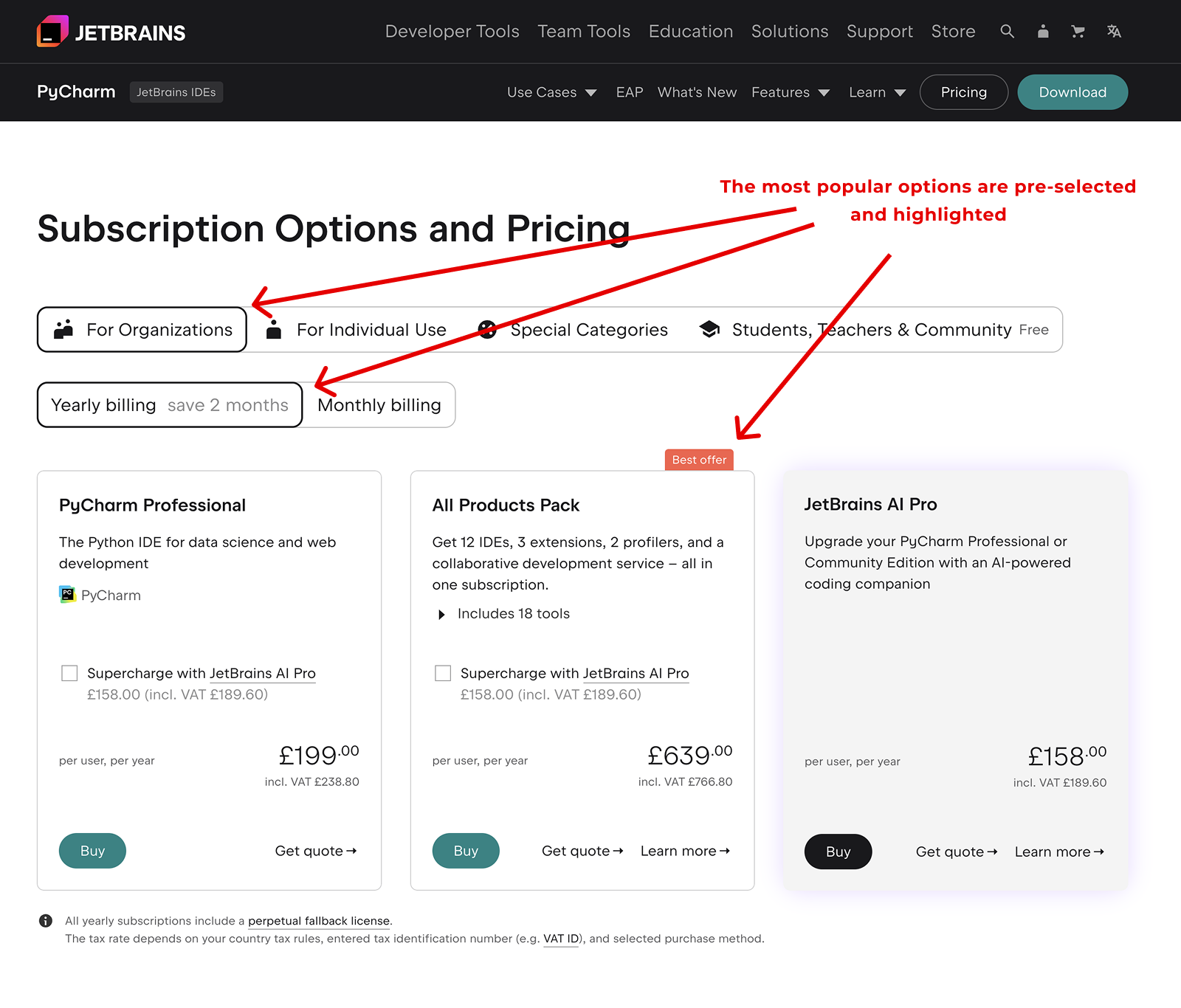 The most popular options are pre-selected and highlighted on the JetBrains pricing page