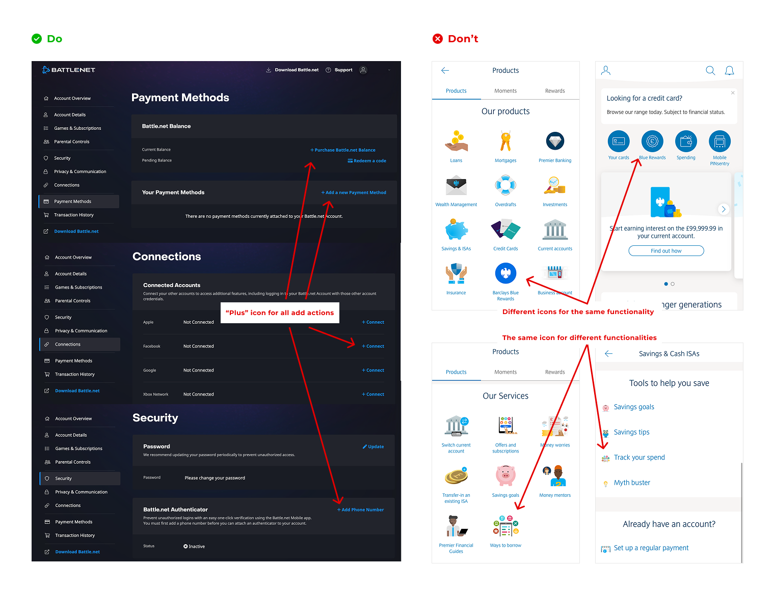 Dos and Don'ts for components on the Blizzard account settings and the Barclays app