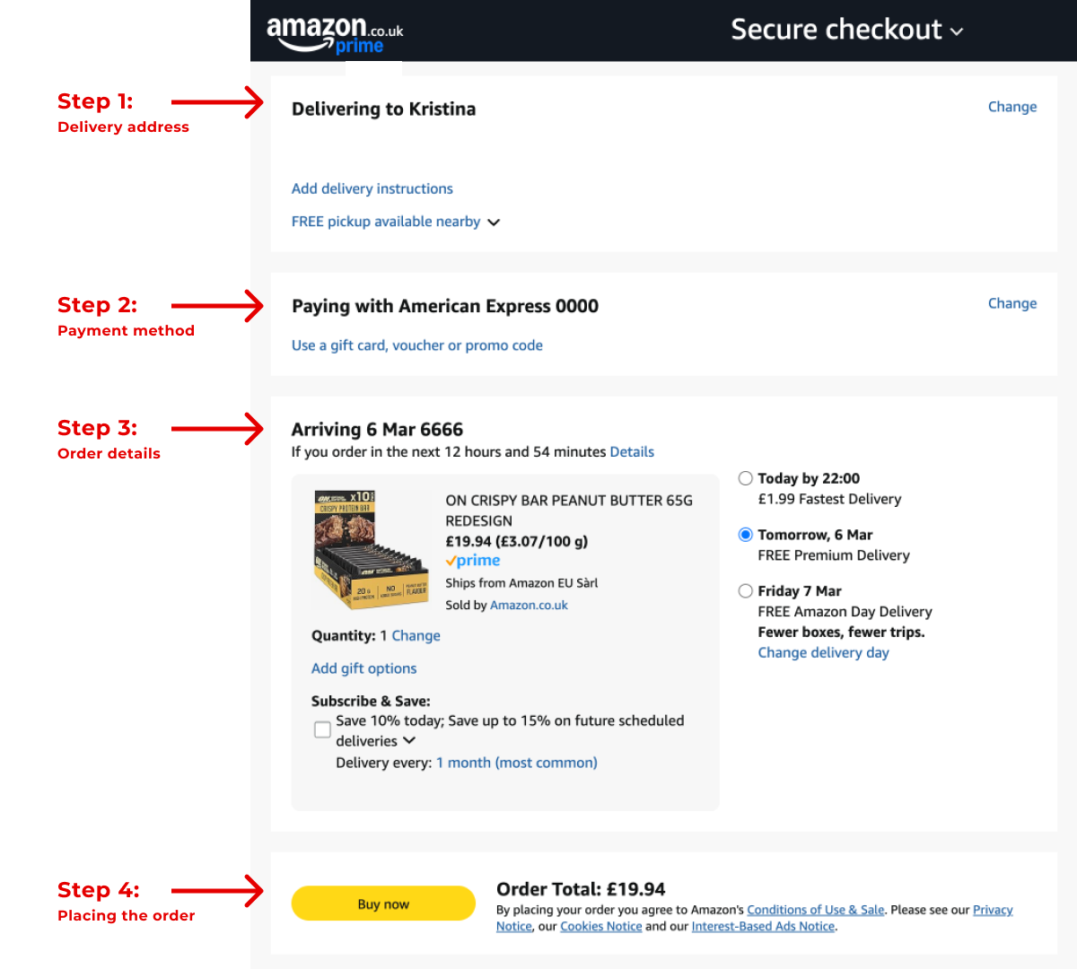 Step-by-step checkout form on Amazon