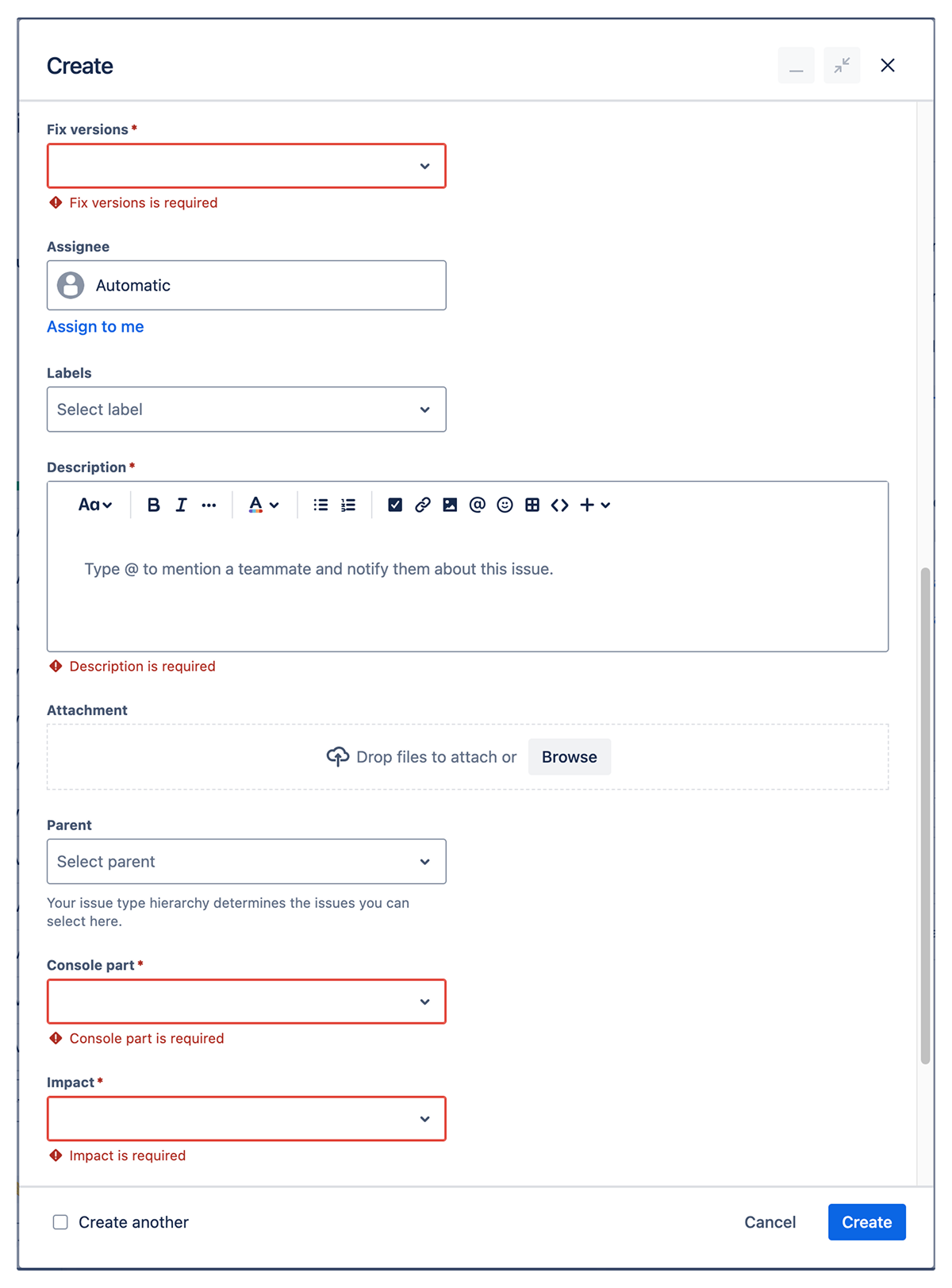 Error messages for required fields in the Jira task creation form