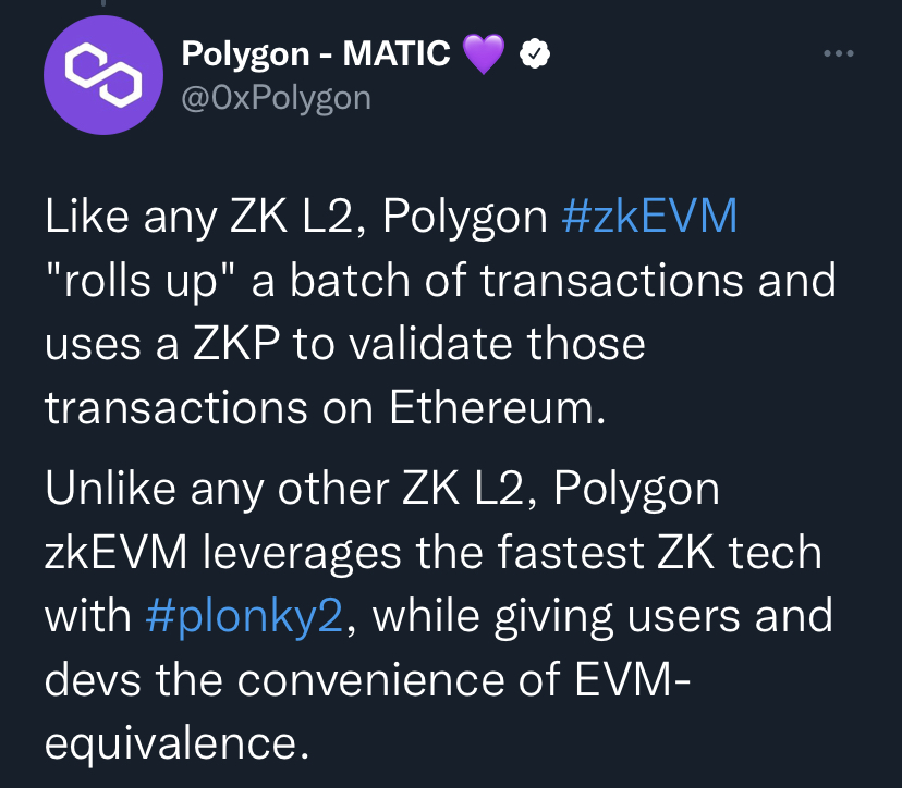 At the end of July, a new project was presented - the EVM equivalent of ZK Layer2. The plonky2 tool generates proofs in 0.17 seconds, even on a regular laptop, which is 100 times faster than all existing tools. Source/Twitter account of Polygon