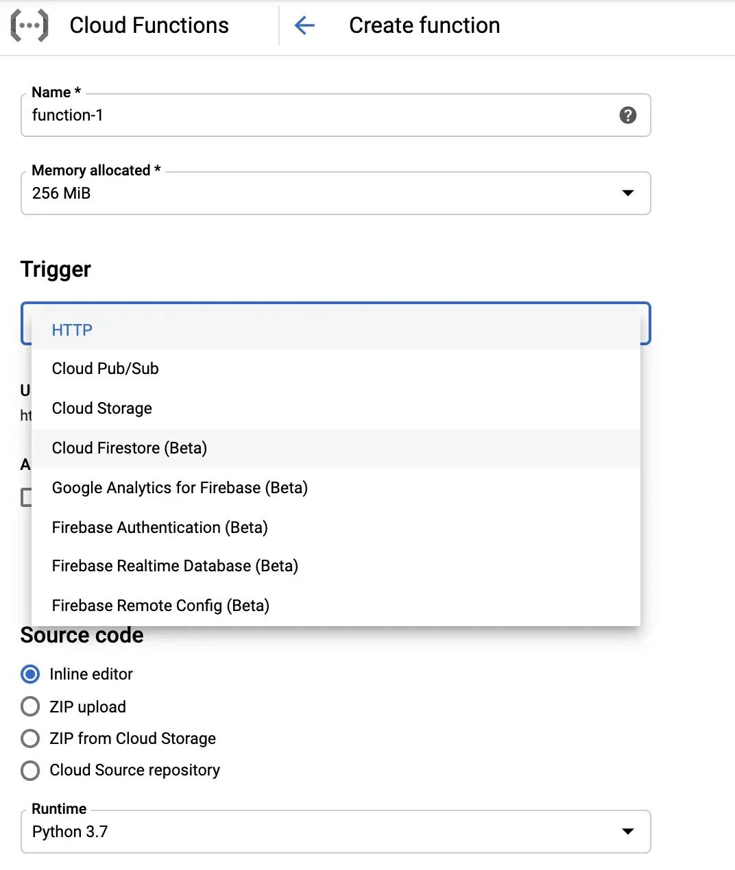 Cloud Functions microservice configuration panel