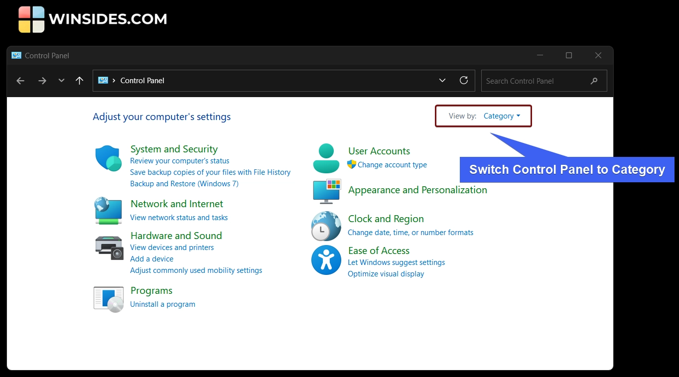 Switch Control Panel View to Category
