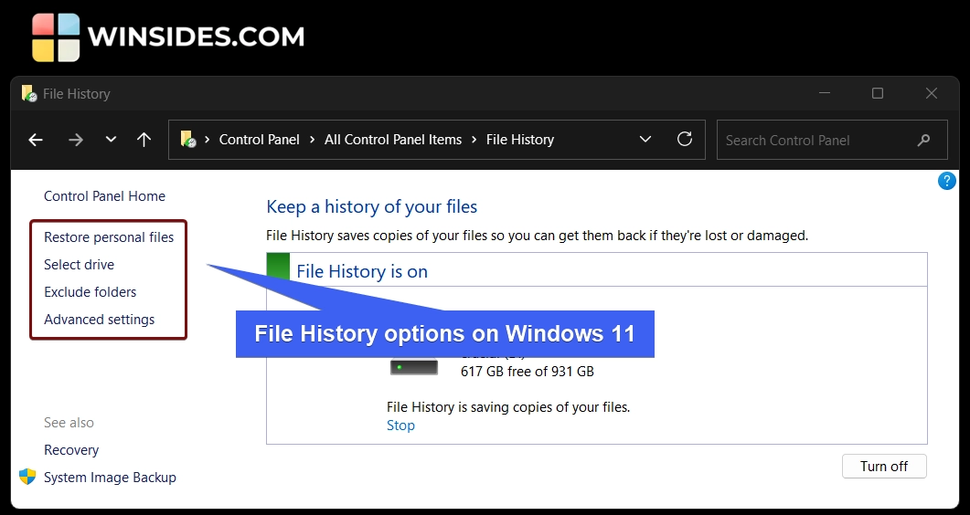 File history options on Windows 11
