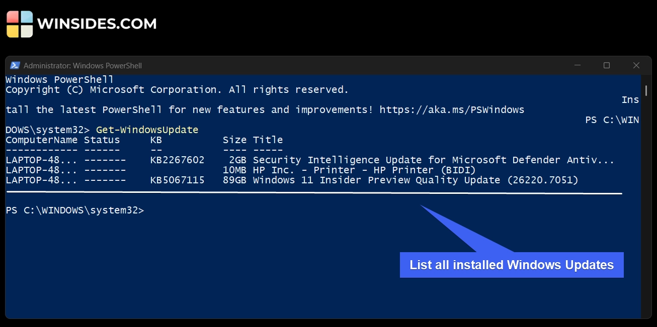 PowerShell listing installed Windows Updates