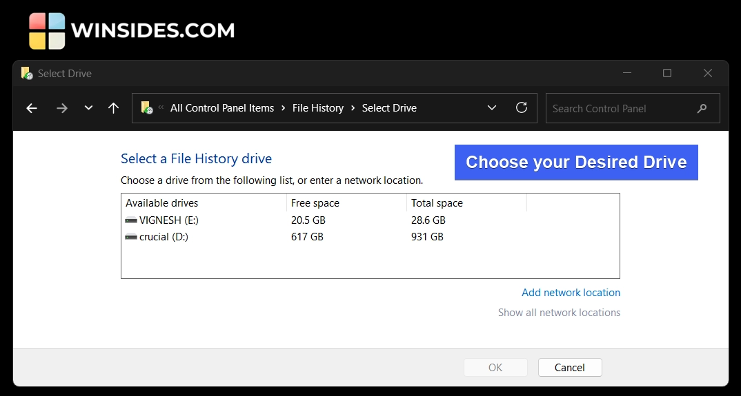 Select drive for file history