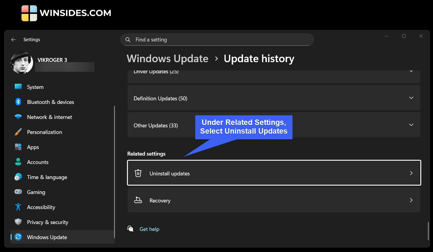 under related settings, select uninstall updates