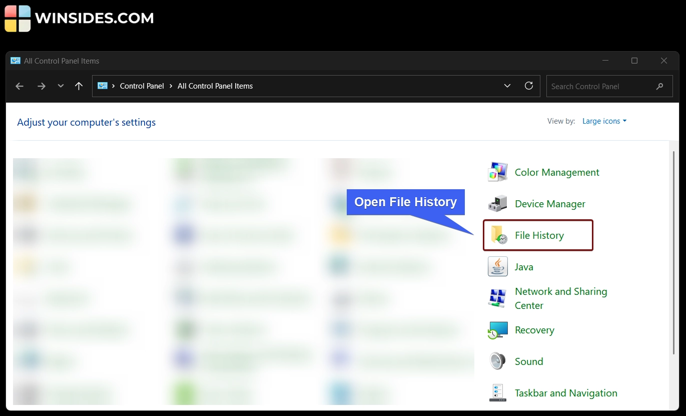 Open file history using the control panel 