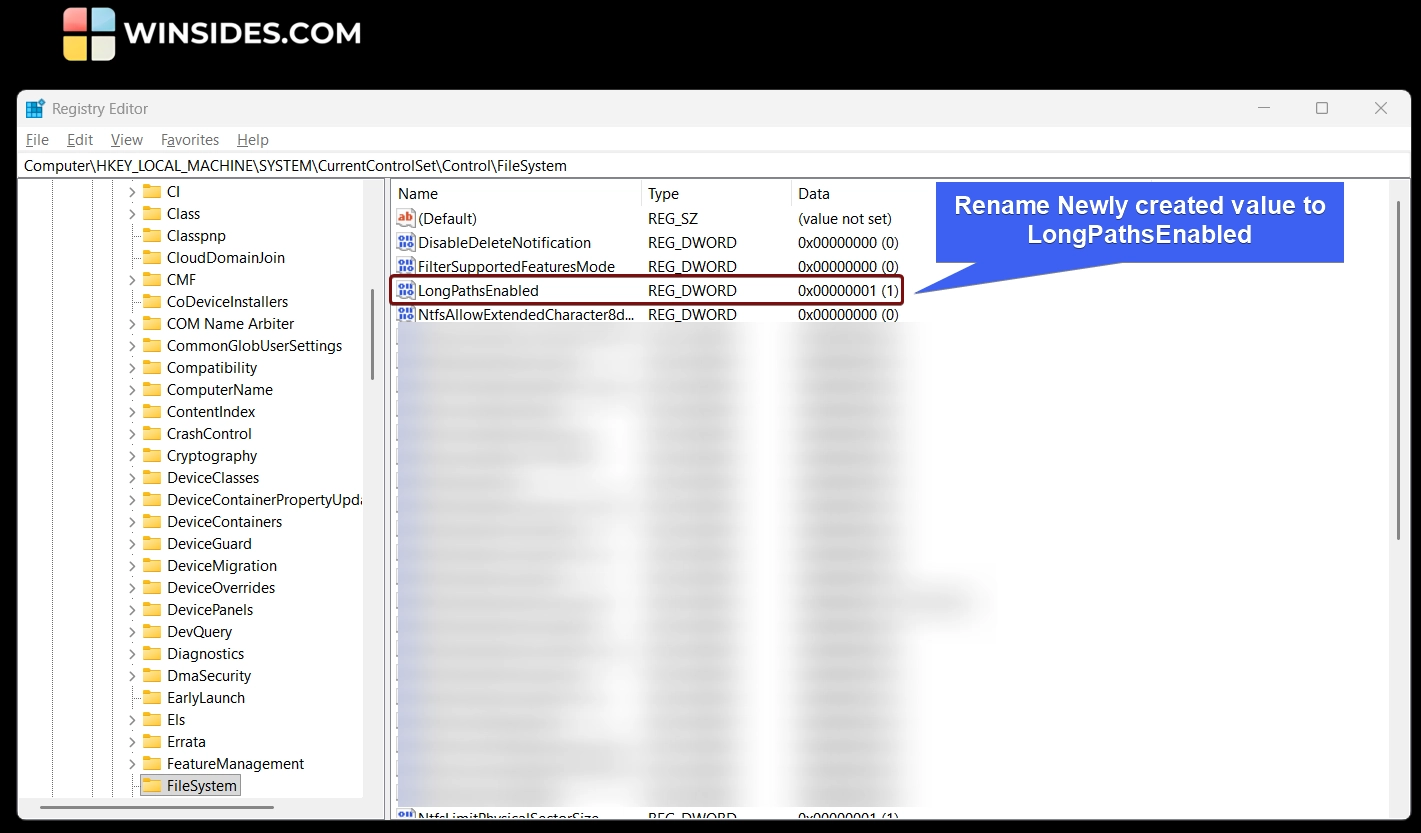 Rename the newly created value to LongPathsEnabled