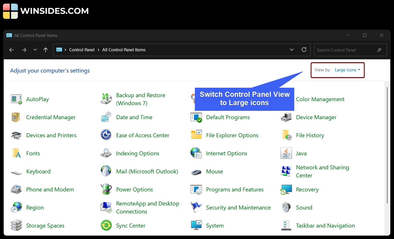 Switch control panel views to large icons. 
