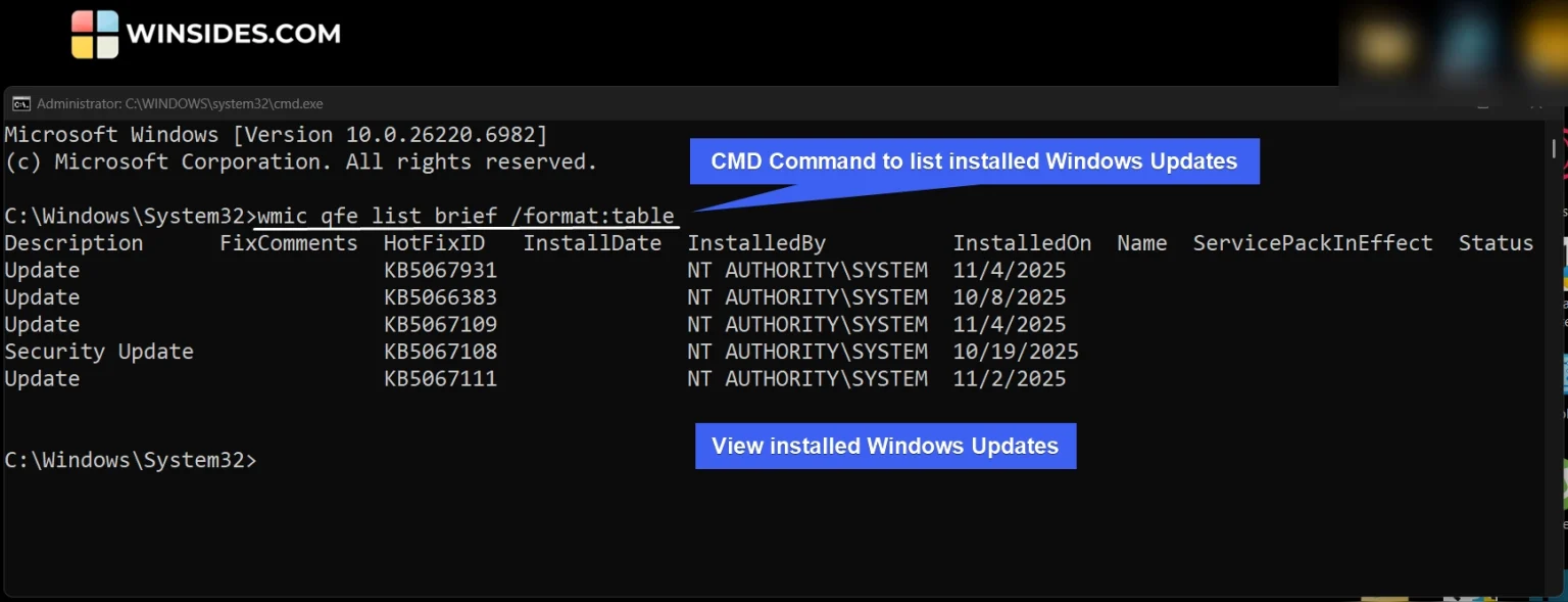View Installed Updates using CMD