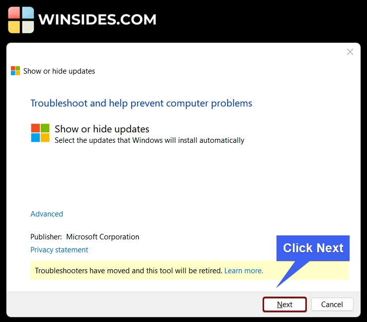 Run wushowhide.diagcab