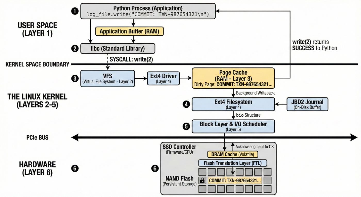 Diagram illustrating the journey of a write through the different layers of the storage system.