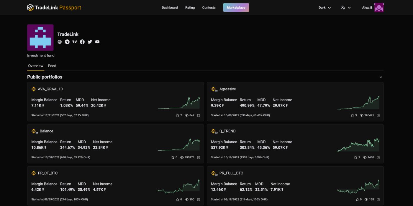 Public profile page. Feed is for posts from the telegram channel